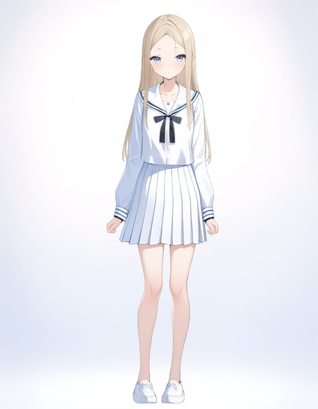 masterpiece, best quality, very aesthetic, absurdres, (white background), studio shot, 1girl, open eyes, poker-faced, looking at viewer, standing, head tilt, full body shot, <lora:morisaki_alesia_yuu_animagineXLV31_Prodigy_2568:1>, morisaki alesia yuu, blonde hair, parted bangs, long hair, small breasts, skinny, yuu' seifuku, white shirt, sailor collared, long sleeves, black bow, narrow bowtie, white skirt, above the knee length skirt, pleated skirt, white sneakers,