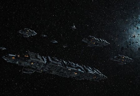 Masterpiece. High quality. Perfect quality. Full body picture from the side of:
Human space fleet traveling through deep space. 
warhammer 40K style
realisticvision-negative-embedding, Movie Still, Film Still, Cinematic, Cinematic Shot, Cinematic Lighting, JuggernautNegative, detailxl.
