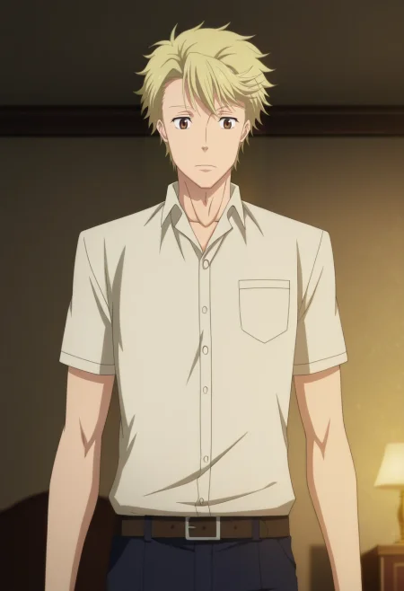 masterpiece, best quality, anime screencap, official style, anime coloring, cowboy shot, 1boy, solo, male focus, <lora:john_h_watson_ilxl:0.96>, john_h_watson, blonde hair, brown eyes, short hair, , symmetry, bedroom, dawn, (dynamic pose:1.2), distracted, aloof, oblivious,