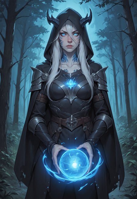 ((zPDXL3)), score_9, score_8_up, score_7_up, score_6_up, score_5_up, score_4_up,
1girl, solo, Adult Woman, Slender Build, pale skin, very-long hair, wild hair, hair between eyes, looking at viewer, pale blue eyes, slit pupils, black pupils, plain expression, medium breast, white hair, (extremely detailed face and eyes), closed mouth, collarbone, outdoors, tree, night, nature, leather armor, forest, in tree, hood, fur cloak, horns, neck scales, shoulder scales, casting spell, blue energy, blue ball, glowing blue fire, blue scales, black dragon, dragon girl,