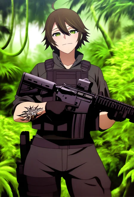 masterpiece, best quality, very aesthetic, absurdres,
1girl, chiquita, ahoge, brown hair, short hair, green eyes, 
tattoo, large breasts,
m4a1, riffle, trigger discipline,, military outfit, 
solo, looking at viewer, trees, jungle background     <lora:ChiquitaNoobXL_byKonan:1>