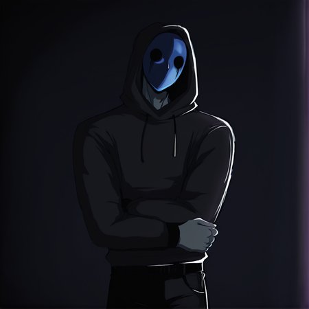 <lora:Eyeless_Jack:1> jack, hood, solo, blue mask, 1boy, male focus, grey skin, black outfit, black pants, crossed_arms, masterpiece, high quality, dark bedroom background, <lora:DarkerThanBlackIllustrious:1> masterpiece \(quality\), dark, dim lighting