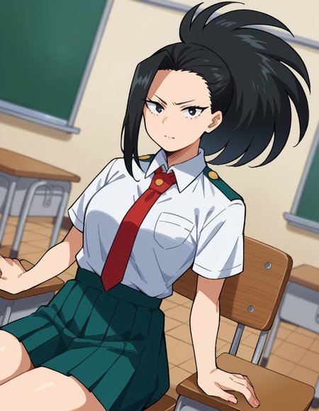 score_9, score_8_up, score_7_up, source_anime,
yaoyorozumomo, <lora:momo-yaoyorozu-ponyxl-lora-nochekaiser:1>,
yaoyorozu momo, long hair, bangs, black hair, ponytail, black eyes, high ponytail, wide ponytail,
skirt, shirt, school uniform, white shirt, short sleeves, pleated skirt, necktie, collared shirt, red necktie, green skirt, u.a. school uniform,
indoors, classroom, sitting, desk, chair,
looking at viewer, cowboy shot, dutch angle,
