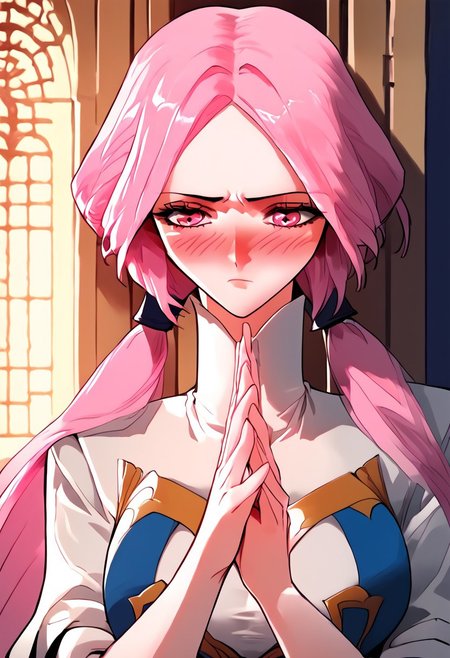 score_9,score_8_up,score_7_up,score_6_up,source_anime, (best quality), (masterpiece), (extremely detailed), (finely detailed), (detailed face, perfect face, perfect eyes, beautiful detailed shading), (perfect hands), (full colors), blush, 
BREAK, 
cowboy shot, upper body,
1girl, solo, 纳兰嫣然, pink hair, twintails, long hair, pink eyes, large breasts