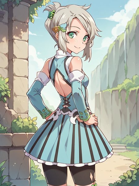 score_9, score_8_up, score_7_up,  
1girl, lucy rf, grey hair, green eyes, small breasts, freckles, folded ponytail, hair ornament, 

hands on hips, standing, outdoors, solo, day, smile, from behind, looking back, looking at viewer,
blue dress, bike shorts, detached sleeves,
