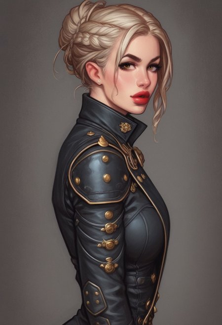 from front, (((side view))), 1girl, illustration, comic style, looking at viewer, highly detailed,
(((front view)))
In a gritty, noir-inspired urban setting bathed in the harsh glow of neon lights, K4TH3R1N3, a striking woman with platinum blonde hair cascading down her back, stands against the cold brick wall of an abandoned warehouse. Her piercing brown eyes are parted, revealing a hint of red lipstick-stained lips as she gazes directly at the viewer, challenging and intriguing in equal measure. The camera angle is low, casting her figure in sharp relief, with the dramatic shadows emphasizing the high collar of her unique outfit: a tailored trench coat made from a shimmering material that catches the light, adorned with intricate, steampunk-inspired metal accents. ((dynamic pose))
((full-clothed)),
BREAK 
dynamic pose <lora:Cherry-Gig:0.55> ((((full-clothed)))), 
BREAK
((dark room background))) score_9, score_8_up, score_7_up, score_6_up, source_cartoon, rating_explicit, Expressiveh, (((((upper body))))), dynamic pose