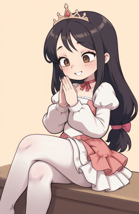 1girl, solo, <lora:qtkat:0.9> qtkat,
<lora:ffgarnet-illu-nvwls-v1_1:0.5> ffixgarnet, black hair, brown eyes, low-tied long hair, fairy tale dress, puffed sleeves, layered skirt, white pantyhose, ribbon choker, tiara, sitting, legs crossed, hands clapping, bright smile, cheerful expression, extremely detailed, highres, masterpiece, best quality