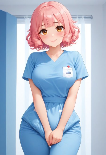 score_9, score_8_up, score_7_up, masterpiece, best quality,uncensored, 25 years old, cute, pretty girl, very kawaii, kawaii, ((young, youthful)), asian girl, japanese girl, beautiful, Expressiveh, indoors, room, ((curvy body)), thick thighs, wide hips, soft looking skin, thin eyebrows, girly, feminine, ((round face)), ((peach pink hair)), fringe bangs, slightly curly hair, short hair, adult, ((large breasts)),brown eyes, brown eyebrows,  curvy girl, very kawaii,  scrubs, medical scrubs, round breasts,  standing, long eyelashes, egirl makeup, egirl, egirlthot, noseblush, very pale skin, pink lips. shy, timid, averted eyes, thin arms, narrow shoulders, petite, hud_scrbs, short sleeves, shirt, pants, pocket, smile, full diaper under pants, grabbing own crotch, squeezing own crotch, disgust, heavy diaper
