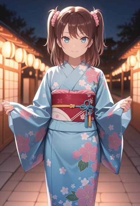 masterpiece,best quality,absurdres,highres,very aesthetic,high quality,detailed,insanely detailed,beautiful,perfect lighting, looking at viewer, 
 <lora:Ogasawara Hikari llu:1>1girl, japanese clothes, blue eyes, brown hair, blue kimono, smile, hair ornament, two side up, looking at viewer, floral print, yukata, obi, sash, scrunchie