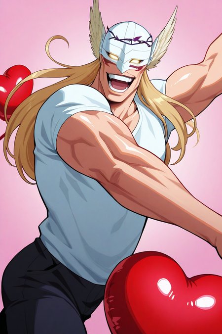 realistic shading, natural lighting, looking at viewer, expressive happy face, male with blank eyes focus, gerardblch, blonde_gerardblch_long hair, white-yellow_gerardblch_winged helmet, yellow_gerardblch_glowing eyes, black_gerardblch_vine-leaf circlet, red_gerardblch_facepaint, 1boy, wide smile, open mouth, shiny skin, dancing, shirt, heart-shaped balloons, balloons, cowboy shot, simple plain light pink background, surreal, symbolic background, shadow, foreshortening, dutch angle, dynamic angle, dynamic action, intricately detailed illustration, cinematic, depth of field, atmospheric perspective, masterpiece, best quality, amazing quality, very aesthetic, absurdres, newest, anime screencap