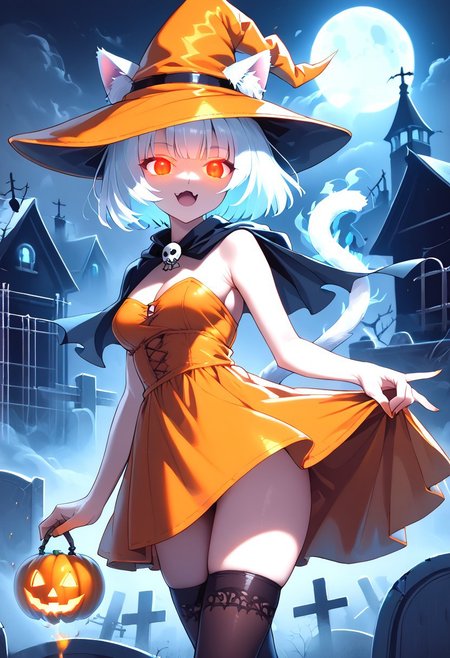 (masterpiece), (score_9, score_8_up, score_7_up,source_anime), 4K8K, 
(from behind:1.2), misty, steam, fog, skull object,  Floating Halloween pumpkins, 
halloween, halloween fantasy, (ais-ghostly, ghostly Owl), 
Japanese cute woman, crossed legs, (solo), burning pumpkin, Fire Ball spell casting, (dark aura:1.4), open mouth, Canine, tooth, fang, cat tails, 
(medium figure:0.9), (pointy breasts:1.1), 
(opal hair, bob cut hair), (red glowing eyes, slanted eyes:1.2), 
(wearing orange Witch Costume, witch, orange dress, orange hat, zettai ryouiki, orange garterbelt,  thighhighs:1.2), 
(in Foggy graveyard at dark night:1.3), nekomata, cat girl, cat ears, animal ears, animal ear fluff,