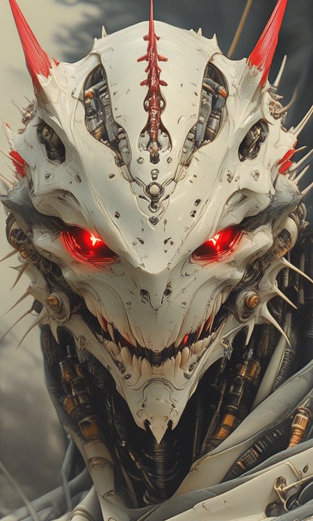 The image is a sharp digital artwork that appears to be a concept art piece. It showcases a detailed robotic or cybernetic head with glowing red eyes sharp teeth and intricate mechanical components. The background is blurred emphasizing the character and the medium appears to resemble digital painting or digital illustration.. <lora:- iLL - the_edgy_mech_V3.0:.8>    <lora:HyperdetailedIllustrationIll:0.8> <lora:HyperdetailedColoredPencilIl:0.8>  <lora:DelicateWhimsyIllustrious:0.8>