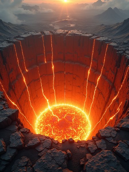 A huge crater filled with boiling magma and flashing code, the edge of the crater is broken rocks and twisted metal, as if the world has been destroyed by some unknown force.