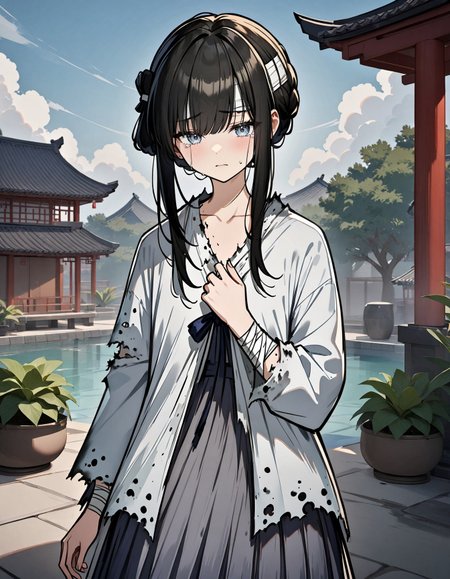 ((2.8D)),(Man_Sui,Tattered white clothes,bandage on her head,tattered grey skirt, black hair),upper body,(Girl's front is facing the viewer),masterpiece,best quality,(rich in detail),very aesthetic,absurdres,newest style,newest,she is standing,she looks sad and is crying very badly,the background is a chinese yard with plenty of chinese elements such as lotus and chinese architectures, blue sky, clouds, pool, green plants, flowers, all of elements have extremely detailed texture,<lora:Man_Sui_SDXL:0.85>,
