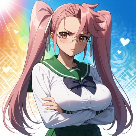 score_9, score_8_up, score_7_up, 1girl, solo, looking at viewer, anime coloring, upper body, close-up, portrait, mature female, 
<lora:Saya_Takagi_Dwnsty:0.8>, saya_takagi, pink hair, brown eyes, long hair, twintails, glasses, hair ribbon, school uniform, serafuku, green skirt, pleated skirt, black bowtie, long sleeves,
lips, large breasts, skindentation, double v, annoyed, blush, crossed arms, 
sunlight, abstract background, argyle background, rainbow, heart, 
 <lora:Hotd_Artstyle_Dwnsty:0.7>