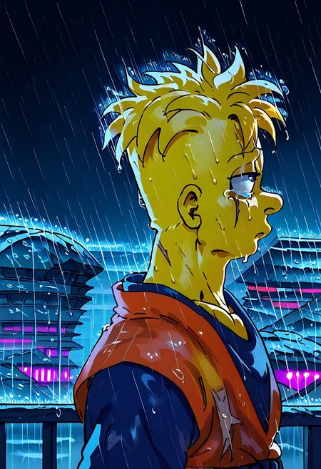 score_9, score_8_up, score_7_up 
   , masterpiece, beautiful, profile view, side view, 1 boy, yellow skin, 
bart simpson,yellow skin,circle eyes,dot pupils,
sad expression, scar on cheek,scars on face,right arm missing, face weet, tears,
,orange sleevelees dougi, Blue Tshirt under dougi, wristband, orange pants, upper body,blue sash, outdoors, raining,pov, dramatic scene,  dynamic shadows dramatic lights, destroyed city background,