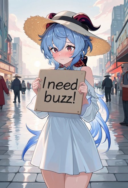 masterpiece,best quality,amazing quality, ganyu \(genshin impact\), cowboy shot,  need_buzz, holding sign, red_eyes，sun hat，long_sleeves, 1girl, city streets, ally way, poor person, blush, cloud,dress, water,
