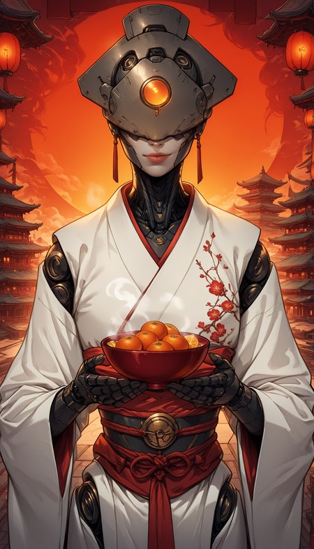 ECM-V1.0,, An4chr0t3ch masterpiece, best quality, good quality, very aesthetic, absurdres, newest, 8K, depth of field, focused subject,  An4chr0t3ch, covered eyes, headgear  Create a vivid, full-body, front-view digital artwork of a futuristic female figure in a traditional Japanese setting. She is adorned in a white kimono with red floral patterns, complemented by a deep blue obi belt. Her attire is accessorized with a sleek, metallic headpiece that emits a warm, glowing orange light. The headpiece is intricately designed with various technological elements, including a prominent blue symbol on its forehead. She holds a red bowl in her hands, which appears to be steaming. The background is dominated by traditional Japanese architecture, with multi-tiered pagodas and lanterns, all bathed in a soft, ambient light that casts a serene glow over the scene. The color palette is rich with deep blues, warm oranges, and contrasting reds. 1girl, solo, hair_ornament, holding, jewelry, upper_body, japanese_clothes, kimono, cup, lips, glowing, robot, holding_cup, steam, android, joints, architecture, robot_joints, humanoid_robot, <lora:Detail_enhancer_IL:0.65> <lora:ECM-V1.0-000012:1.0> <lora:Anachrotech_Mecha_bits_Illustrious:1.0>