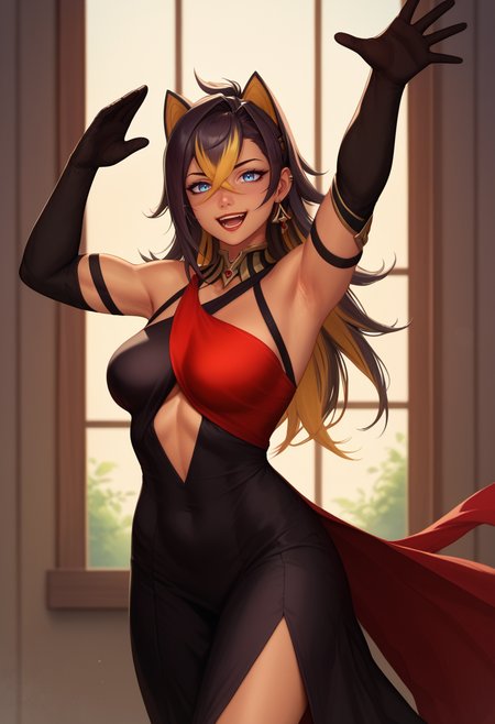score_9, score_8_up, score_7_up, score_6_up, 1girl, solo, long dress, two-toned dress, red dress, black dress, dynamic pose, dancing, happy, motion, reaching for viewer, black elbow gloves, red lipstick, upper body,
<lora:Krys_Decker_-_Artist_style_Newer__characters:0.8> ss-krd_new,    <lora:Dehya_Genshin_Impact:0.6> dehya-dh, dark skin, animal ears, multicolored hair, blue eyes, streaked hair, hair between eyes