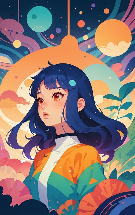 shadow flat vector art <lora:ultimaFlat:1>, a Surreal shot of 1woman of 35yo (Noel Sedillo Curiel:1.3), Shaved Sides with Long Layers hair, Forest Twinkling Stars, <lora:Cosmic anime-oil fusion v2:1>