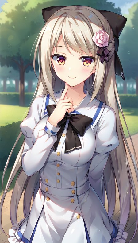 score_9,score_8_up,score_7_up,score_6_up BREAK official art,solo,outdoors,upper body,(portrait:1.5),looking at viewer,facing viewer,smile,blush,Enamori Senri,very long hair,silver hair,hair bow,hair flower,hair ornament,side swept bangs,sidelocks,brown eyes,school uniform,long sleeves,white shirt,puffy sleeves,black bow,black ribbon,medium breasts,white skirt,frilled skirt,zettai ryouiki,black thighhighs,black footwear,mary janes,<lora:Enamori Senri(pa)-Pony:1.2>,
