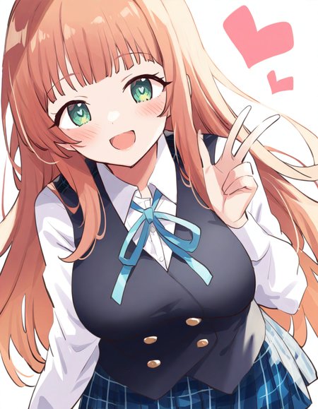 1girl,solo,long hair,green eyes,white background,smile,simple background,ribbon,shirt,heart,looking at viewer,skirt,blush,blue ribbon,v,white shirt,vest,open mouth,neck ribbon,long sleeves,plaid skirt,plaid,school uniform,breasts,:d,brown hair,black vest,orange hair,collared shirt,very long hair,blunt bangs,blue skirt,pleated skirt,hand up,large breasts,medium breasts,, <lora:ruiruika>, masterpiece, best quality, very aesthetic, absurdres,newest, incredibly absurdres,