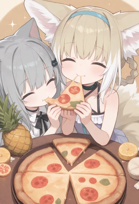 2girls, suzuran (arknights),smile, happy, ^_^, nachoneko, +_+, sparkling eyes, (pineapple slice, pineapple on pizza:1.7), (eating pineapple pizza:1.4), (hawaiian pizza:1.3),  
(zankuro:0.2), wagashi \(dagashiya\), chen bin, very awa, very aesthetic, masterpiece, best quality, amazing quality, absurdres  <lora:ponyv6_noobV1_2_adamW:0.5> <lora:n_XLNBVP1lokrV6311P:0.2> <lora:748cmXLNBVP1lokrV6311PZ:0.2> <lora:ricotte2:0.2>