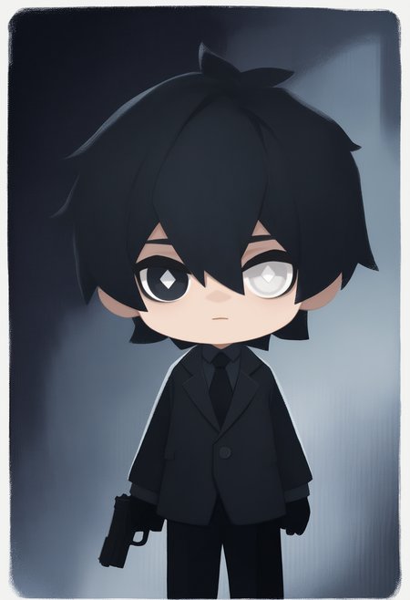 onmyojistyle, chibi, masterpiece, best quality, <break> white border, solo, male focus, 1boy, expressionless, looking at viewer, holding gun, handgun, arms at sides, short hair, black hair, hair between eyes, heterochromia, black eyes, white eyes, diamond-shaped pupils, black suit, black jacket, long sleeves, black shirt, collared shirt, black necktie, black gloves, black pants, dark background, abstract background
<segment:yolo-Anzhc Face seg 640 v2 y8n.pt,0.4,0.5//cid=1>