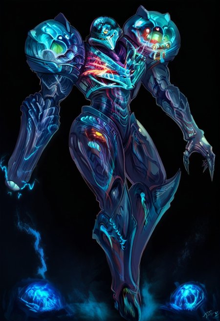 masterpiece, newest, best quality, amazing quality, (cartoon style), looking at viewer,  side by side, d4rks4musreal and  dark samus,  ass-to-ass, huge ass BREAK d4rks4musreal, 1girl solo, weapon, monster, glowing, alien, skull, no humans, power suit (metroid), claws BREAK  claws (dark samus, DarkSamusXL, phazon suit)