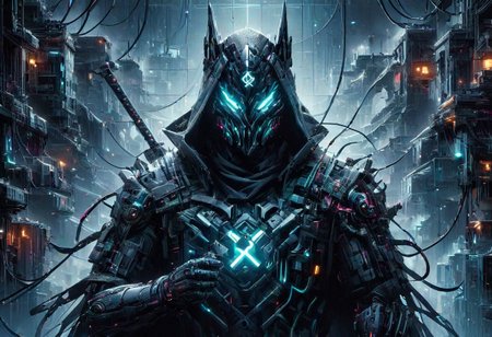 Techwear fashion (((Ultra-detailed, Hyper-realistic, 8k, highres, masterpiece))),(full length highly detailed intricate cyborg demonic-skeletal) (extremely tattered cloak),((highly detailed intricate tech body,vibrant colours,decaying parts, Intricate exposed wiring, exposed wires,exposed circuitry,electric glow)),((highly detailed cyber-skeletal head,signs of decay,exposed wiring, exposed wires,exposed circuitry,electric glowing eyes)),(((random pose))),in a highly detailed Labratory background with Test tubes,holographic screens,covered in pulsing electricity,cyber setting,cinematic,realistic,science fiction,dark colours,background light,<lora:add-detail-xl:1>,<lora:X:0.8>,<lora:cyberpunk:0.8>,tooimage,cyberpunk,futuristic city,<lora:Cyberpunk Kit By Cyberscap:0.8>, robot,cyberpunk,1girl, . Futuristic, cyberpunk, urban, tactical, sleek, dark, highly detailed