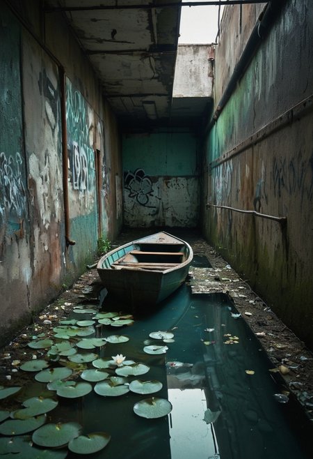 This image is a highly detailed photograph of an urban decay scene, set within a narrow, dimly lit alleyway. The scene features a small, stagnant pool of water at the center, reflecting the surrounding environment. The water is a murky green, with scattered water lilies and white lotus flowers floating on its surface, adding a surreal touch to the otherwise gritty setting. The walls on either side of the alley are peeling and covered in graffiti, with various shades of teal and rust, contributing to the overall derelict atmosphere. The ceiling and walls are adorned with industrial pipes and exposed, rusted metal, further emphasizing the decay. A narrow wooden rowboat with a weathered finish is positioned near the center of the pool, adding an element of isolation and abandonment. A narrow, vertical opening in the wall at the far end of the alleyway allows a narrow beam of light to filter through, illuminating the water and creating a stark contrast with the dark, shadowy surroundings. The overall color palette is dominated by muted greens, teals, and rust, with subtle highlights of white from the flowers and the light beam. The image is rich in texture and detail, capturing the essence of urban decay with a haunting, almost poetic quality.