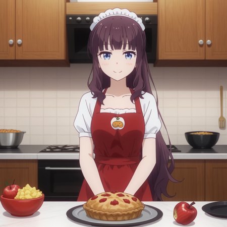 hifumi takimoto, solo, 1girl, apron, cooking, kitchen, (smiling:0.5),,
(apple pie), delicious food, beautiful food,,
looking at viewer,, 2D, anime style, anime coloring,,masterpiece, best quality, absurdres, very aesthetic
