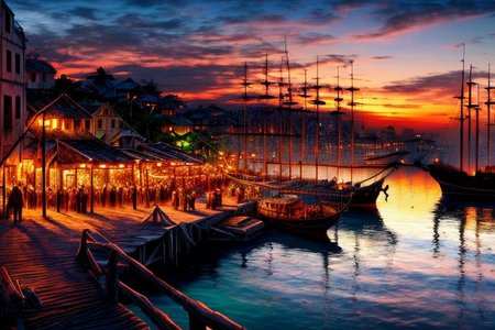 (masterpiece:1.2), (best quality,:1.2), 8k, HDR, ultra detailed, ((photorealistic)), perfect anatomy, professional light, cinematic lighting, fashion photography, ambient lighting, pire, ships, pier outside a tavern over looking a busy harbor in the caribbean, colorful sunset