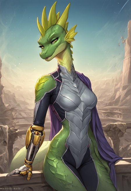 score_9, score_8_up, score_7_up, source_cartoon, SFW, ((anthropomorphic dragon)), female, source_furry, ((Oneprostethicarmright, prosthetic right forearm)):1.4, (1woman, anthro dragon), (((bright green scales, two toned green body scales, glossy scales))), purple irises, extremely detailed, large nostrils, full seductive lower lip,  extremely detailed, ((very large head fins)):1.3, (((one tall blue head spike, yellow back spikes))), detailed body scales, strong athletic body, small athletic breasts, toned arms, toned legs, long tail, feminine body, extreme detailed, thin waist, wide hips, (((silver plugsuit))), sci-fi, Parted lips, seductive expression, outside, resting against railing, sunny day, ((masterpiece)) (dynamic lighting:1.1) ((masterpiece)) godrays , (dynamic battle), (action pose) (explosions in the background), holding a Katana, very heroic, wearing purple cape on her back, space station, battlefield, white and silver plugsuit, detailed sci-fi background, extreme detailed, ( (dynamic lighting:1.1) ((masterpiece)) (dynamic lighting:1.1) ((masterpiece)) godrays, (highly detailed:1.2), (intricate:1.2), (best quality:1.2),(8k:1.2), (sharp:1.2), (majestic:1.2), natural lighting, detail++,