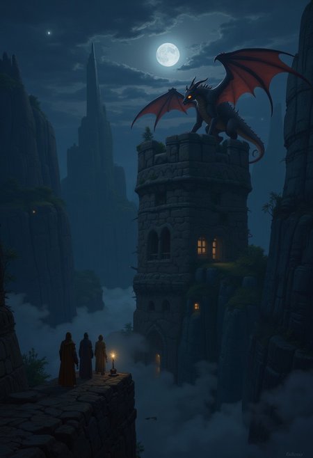 A fantasy scene of a group of adventurers standing on a narrow path along the edge of a deep chasm. The path leads to a ruined tower, on top of which perches a large, menacing dragon with red wings. The dragon's eyes glow with a menacing orange light. The adventurers are silhouetted against the dark sky, with the moon casting a soft glow on the scene. The chasm is filled with dark, swirling mist. The overall atmosphere is one of danger and adventure, with the image suggesting an epic confrontation between the adventurers and the fearsome dragon.
