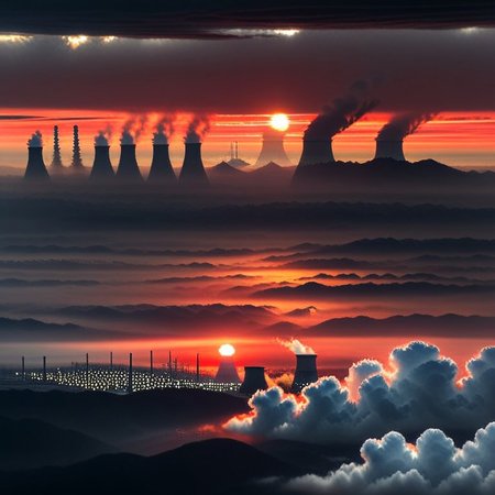 a dense layer of gray clouds illuminated in red from above, a small golden sun, light gray mountains in the distance on the horizon among which power plants can be seen, closer gray mountains on the horizon among which power plants can be seen, black mountains on the horizon among which power plants can be seen,