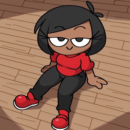 zPDXL, flat colors, cel shading, vector, \shadows, source_cartoon, wooden floor, brown background, vignette, 1girl, solo, rob_(\vilepluff\), dark skin, eyelashes, medium breasts, small head, black hair, bob cut, shiny skin, red shirt, grey pants, red shoes, sitting, bird's-eye view, from above, smile, narrowed eyes, looking at viewer  <lora:RobVile:0.9>
