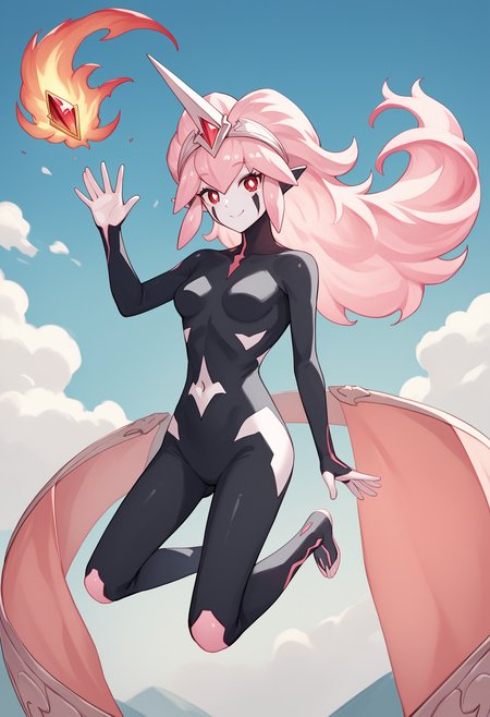 score_9, score_8_up, score_7_up, source_anime, rating_explicit,
BREAK
1girl, solo,
<lora:shiCenturonTruedaV1:1.0>, shitrudeadef, long hair, red eyes, pink hair, 
pointy ears, black bodysuit, navel, colored skin, medium breasts, bright pupils, duel monster, 
looking at viewer, smile, waving, floating,
outdoors, blue sky,