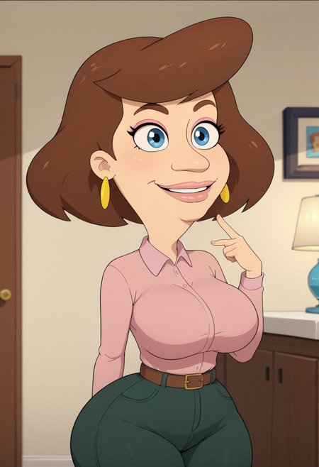 ((bedroom background)),score_9, score_8_up, score_7_up,score_6_up, 
1girl, Solo, Barbara_BM, light skin, light blue eyes, brown eyebrows, brown hair, short hair, pink lips, pink eyeshadow, pink long-sleeved polo shirt, brown belt, green pants, gold disc earrings, dark brown loafers, huge breasts, smile, narrow waist, huge hips,huge thighs, huge ass, big eyes, perfect lips, perfect smile, cowboyshot, perfect eyes