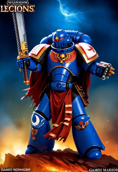 Score_9_up, absurdres, source: GamesWorkshop, grimdark, gothic horror, an adeptus astartes Ultramarines space marine in armor and helmet wielding a chainsword