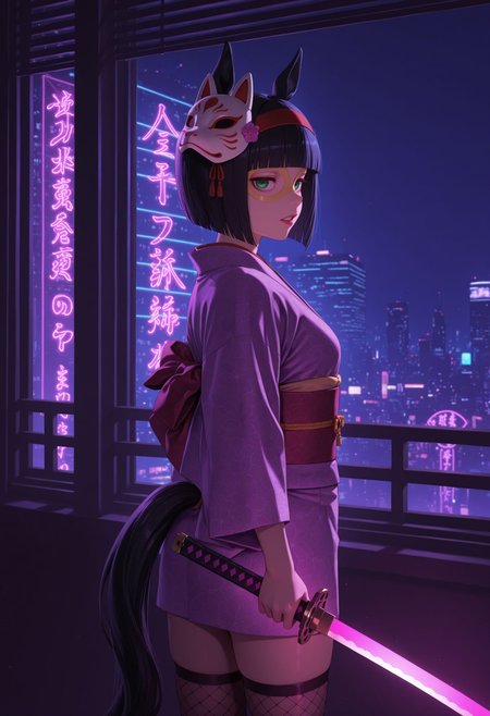 masterpiece, best quality, amazing quality, very awa,absurdres,newest,very aesthetic, looking at viewer,
 <lora:Mini the Lady noob:0.9> 1girl, girls, short hair, bob cut, blunt bangs, black hair, red hairband, animal ears, horse girl, horse tail, green eyes, teeth, ear ornament, yellow glasses, profile, 1girl, solo, short_hair, blunt_bangs, japanese_clothes, fox_mask, animal_mask, mask_on_head, hair_ornament, hair_flower, lipstick, makeup, holding_sword, katana, fishnets, thighhighs, blinds, looking_at_viewer, window_blind_shadow, cityscape, night, neon_lights, purple_theme, pink_theme, high_contrast, patterned_background, dramatic_lighting, moody, surreal, cyberpunk, traditional_clothes, kimono, urban)