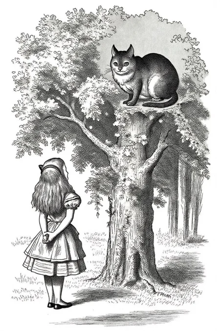 joten1 illustration.
Back view of Alice in Wonderland, looking up at Cheshire Cat sitting on top of a tall tree. <lora:joten1_cap_d6a3e12:1.0><lora:821757952747653794:0>