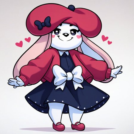 score_9, score_8_up, score_8, score_7, source_cartoon, source_furry, Rosianna_R, Solo, 1girl, anthro, furry female, bunny, rabbit girl, white fur, pink ears, rabbit ears, heart blush stickers, black eyes, black nose, red beret, red jacket, black collared dress, white waist bow, red mary janes, full body, looking at viewer, smile, standing, white background,