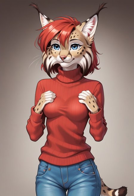 digital_media_(artwork) hi_res, score_9, score_7_up, score_6_up, source_furry, rating_safe, anthro, furry, female, furry female, detailed textured fur, fur tufts, lynx, red hair, blonde brown fur, spots, beautiful blue eyes, medium breasts, covered breasts, slim, slender, turtleneck sweater, denim jeans, smile, SFW,