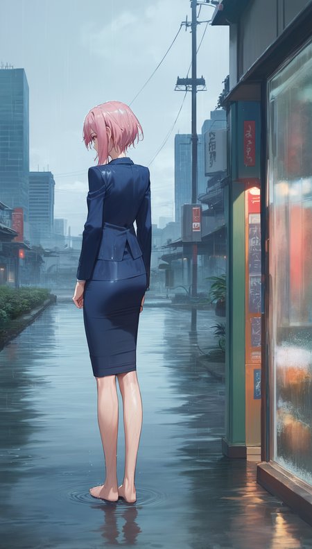 score_9,score_8_up,score_7_up,
<lora:yoshinokoharu:0.8>,
yoshinokoharu,
1girl,solo,
pink hair,short hair,bangs,
red eyes,looking down,furrowed brow,
blue blazer,white shirt,blue pencil skirt,wet hair,wet dress,
full body,standing,back view,
outdoors,cityscape,light particles,downtown,rain,after rain the sky looks blue,