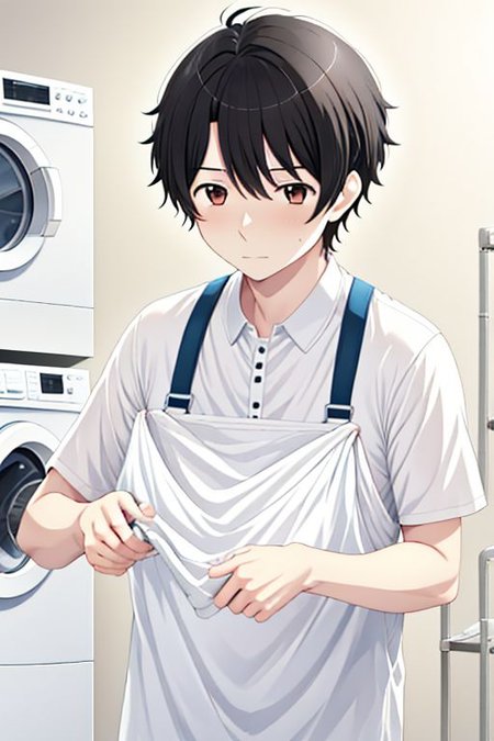 high resolution, solo, best quality, 1Boy, Inaho Kaizuka, Black hair, Brown Eyes, Laundry day, washing machine, folding clothes, OverallDetail