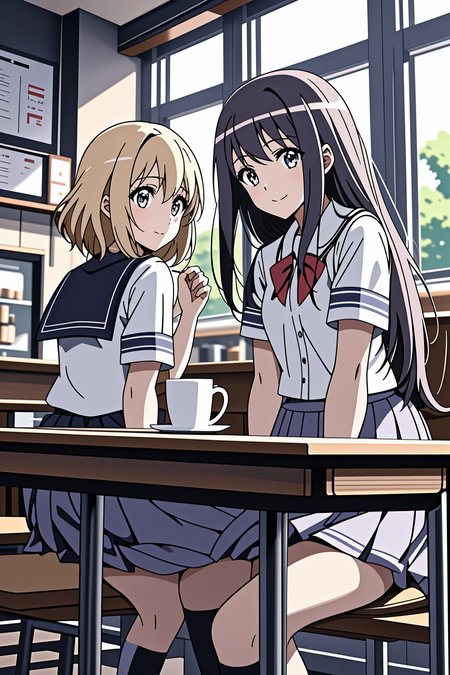2 girls at coffee shop , sitting, school uniform, joyful talking, (anime) <lora:LCM_LoRA_Weights_SD15:1>