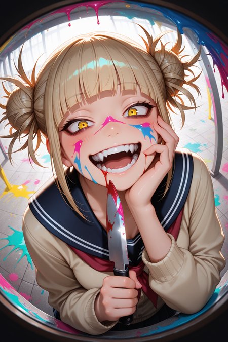 lazypos, 1girl, toga himiko, teeth, open mouth, blood on face, smile, double bun,  crazy eyes, holding knife, hand on own cheek, upper body, school uniform backlighting, from above, dutch angle, , close-up, photorealistic, dutch angle, (colorful), from above, (paint splatter:1.2),fisheye, , masterpiece, best quality, amazing quality, very aesthetic, absurdres,  newest, scenery, volumetric lighting <lora:TrendCraft_The_Peoples_Style_Detailer-v1.0A-3_13_2025-illustrious:0.2>