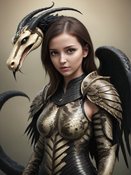 1girl, armor, weapon, wings, solo, shoulder armor, portrait of a woman, covered by black feathers, giant black wings, black feathers, giant long slick big horns, straight giant horns, black horns, very stick, gradient black-white horns, <lora:Serpent_World_SDXL:1> snake