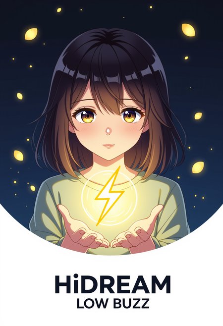 A high quality anime illustration of a girl with a glowing yellow lighning bolt symbol floating above her palm. The background is dark, with floating golden particles. The text "HiDream Low Buzz" is superimposed on the bottom of the image.